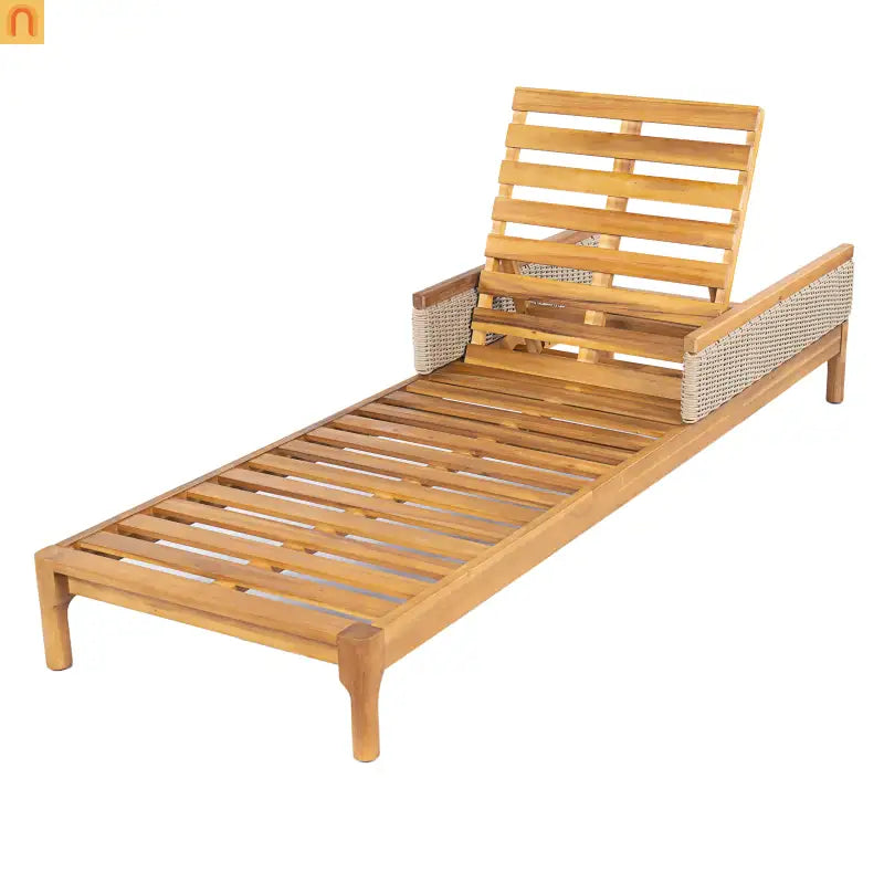 Outdoor Lounge Chair Acacia Wood Rattan Beige Cushion 4 Position