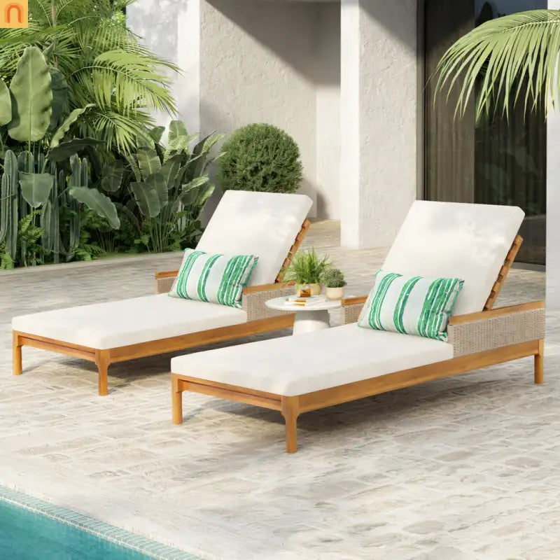 Outdoor Lounge Chair Acacia Wood Rattan Beige Cushion 4 Position