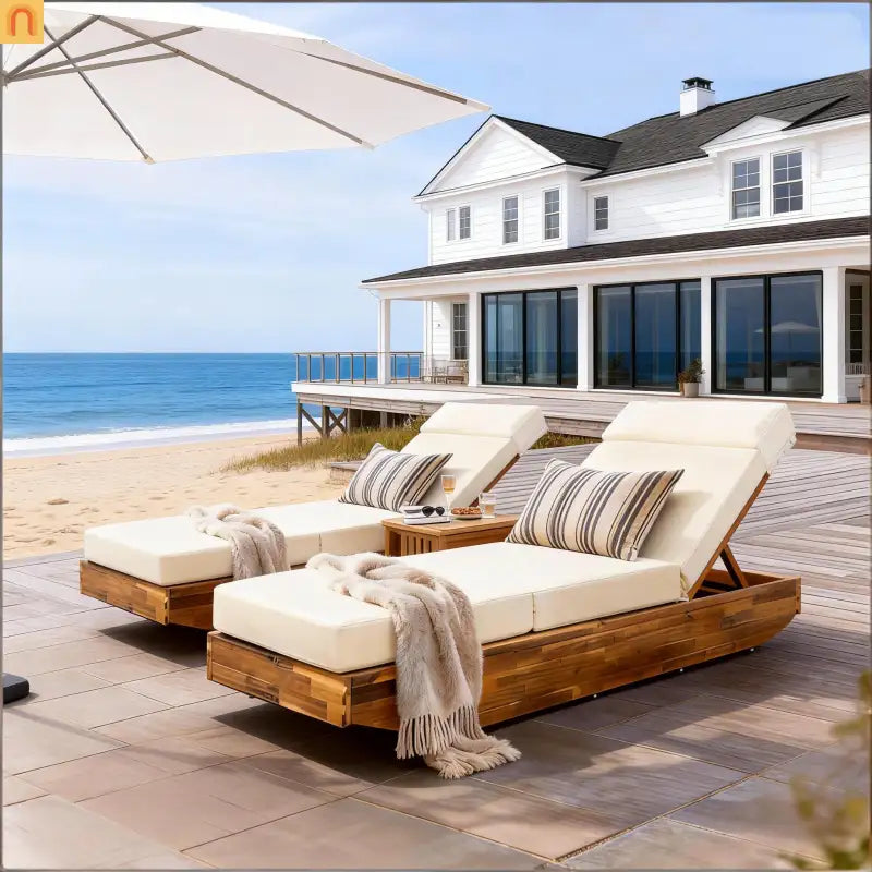Chaise Lounge Acacia Wood Teak Beige Cushion Foldable 300 LB 79.6in