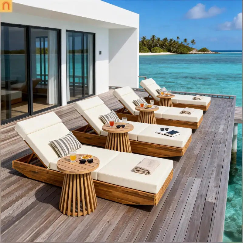 Chaise Lounge Acacia Wood Teak Beige Cushion Foldable 300 LB 79.6in