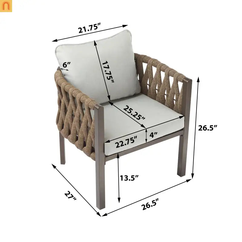 Outdoor Chair Set Steel Rope Brown Gray Cushion Tub Design 2 Piece
