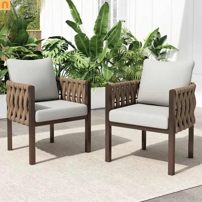 Outdoor Chair Set Steel Rope Brown Gray Cushion Tub Design 2 Piece