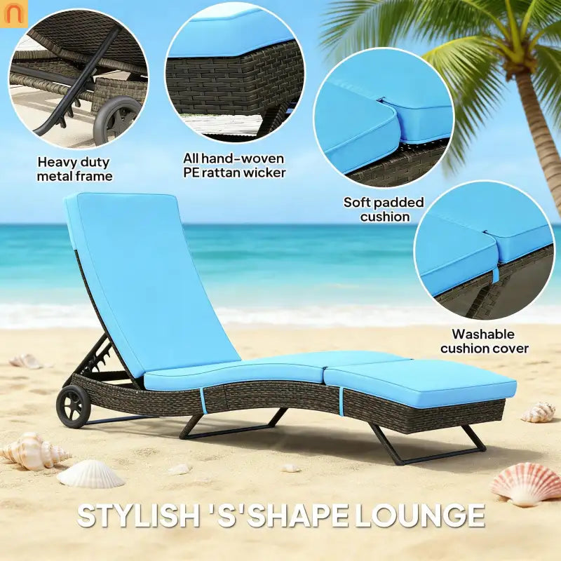Chaise Lounge PE Rattan Sky Blue S-Shape 5-Position Wheels 81in