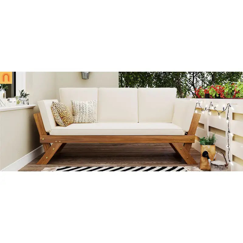 Outdoor Sofa Daybed Acacia Wood Natural Beige Cushion Adjustable 3 Pos
