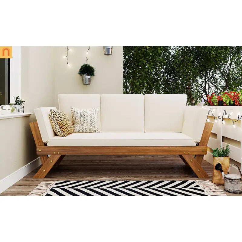 Outdoor Sofa Daybed Acacia Wood Natural Beige Cushion Adjustable 3 Pos