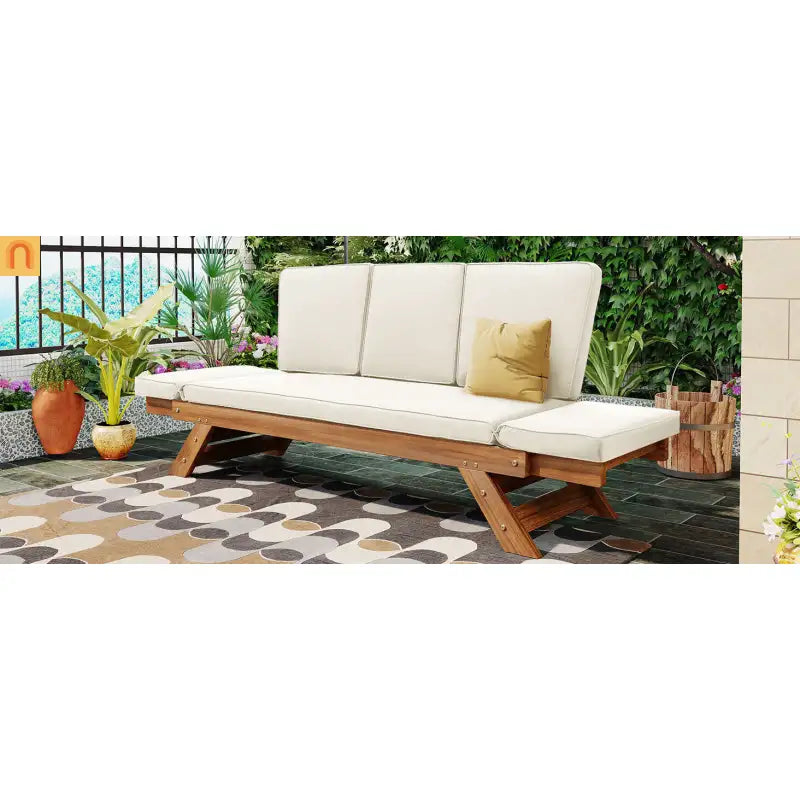 Outdoor Sofa Daybed Acacia Wood Natural Beige Cushion Adjustable 3 Pos