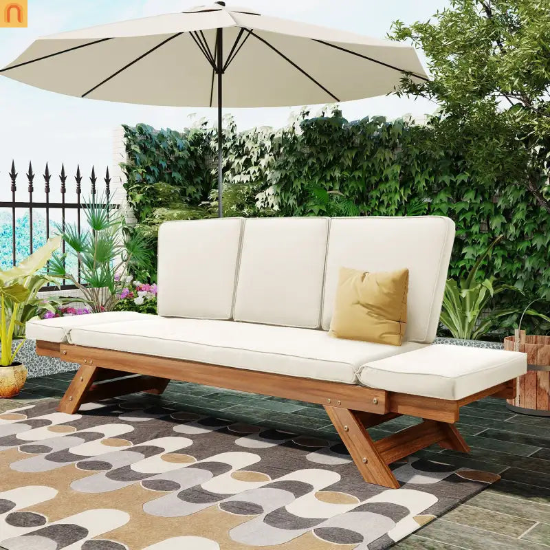 Outdoor Sofa Daybed Acacia Wood Natural Beige Cushion Adjustable 3 Pos