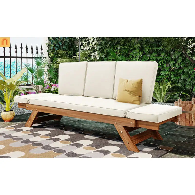 Outdoor Sofa Daybed Acacia Wood Natural Beige Cushion Adjustable 3 Pos