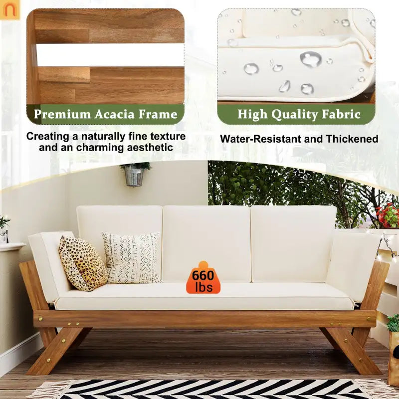 Outdoor Sofa Daybed Acacia Wood Natural Beige Cushion Adjustable 3 Pos
