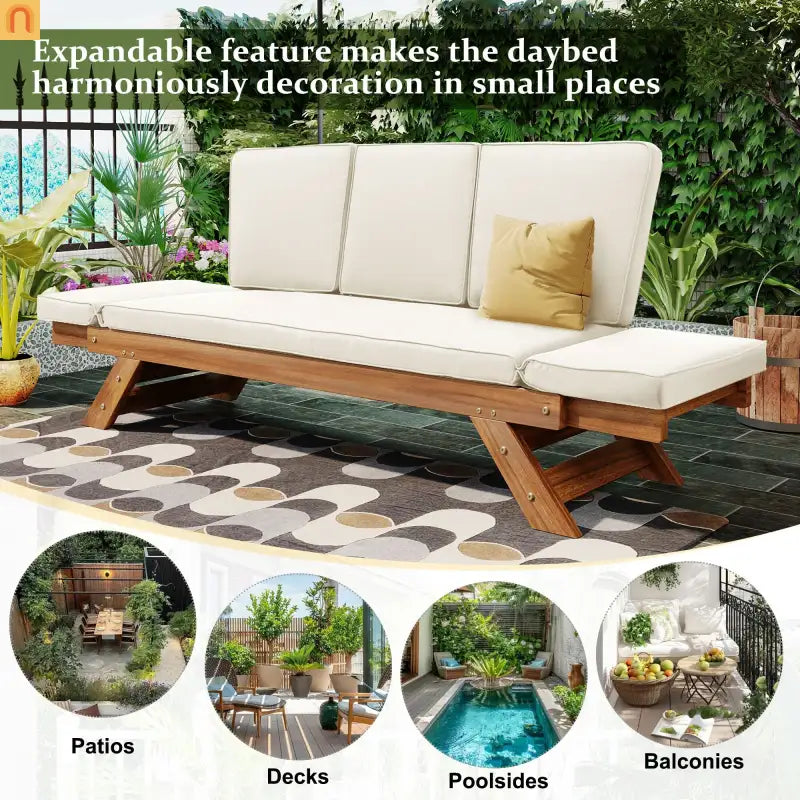 Outdoor Sofa Daybed Acacia Wood Natural Beige Cushion Adjustable 3 Pos