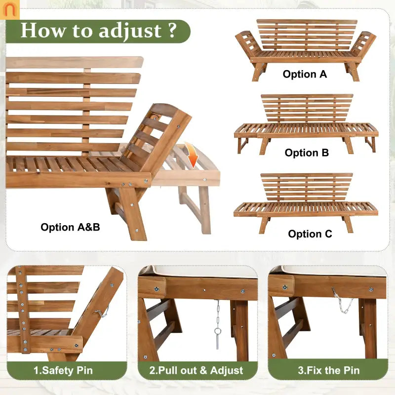 Outdoor Sofa Daybed Acacia Wood Natural Beige Cushion Adjustable 3 Pos