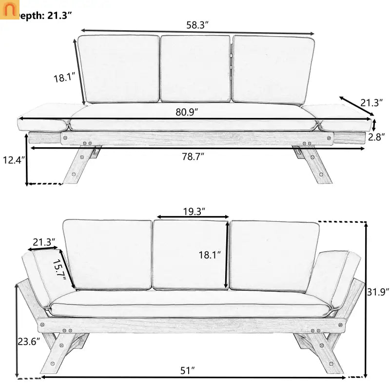 Outdoor Sofa Daybed Acacia Wood Natural Beige Cushion Adjustable 3 Pos