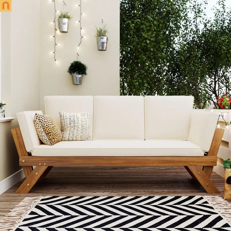 Outdoor Sofa Daybed Acacia Wood Natural Beige Cushion Adjustable 3 Pos