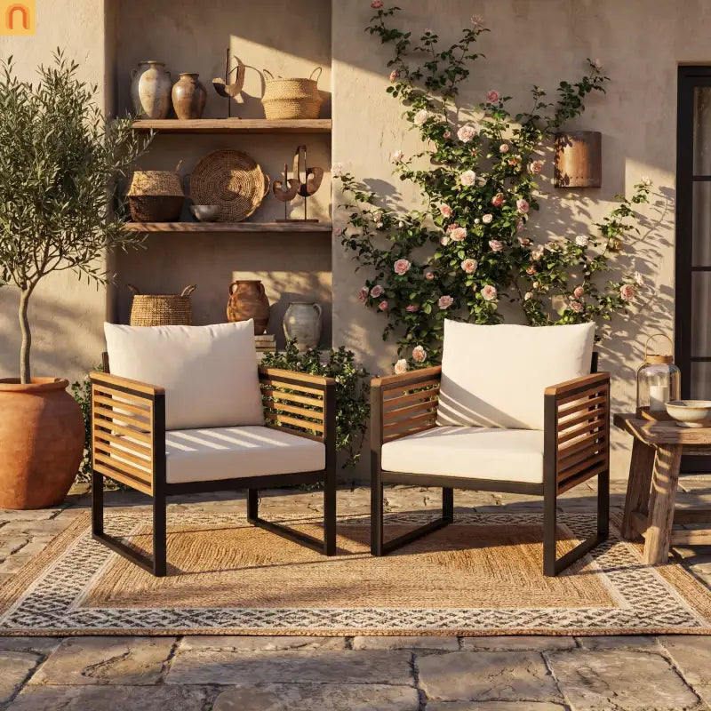 Outdoor Chair Acacia Wood Steel Set of 2 Cushioned