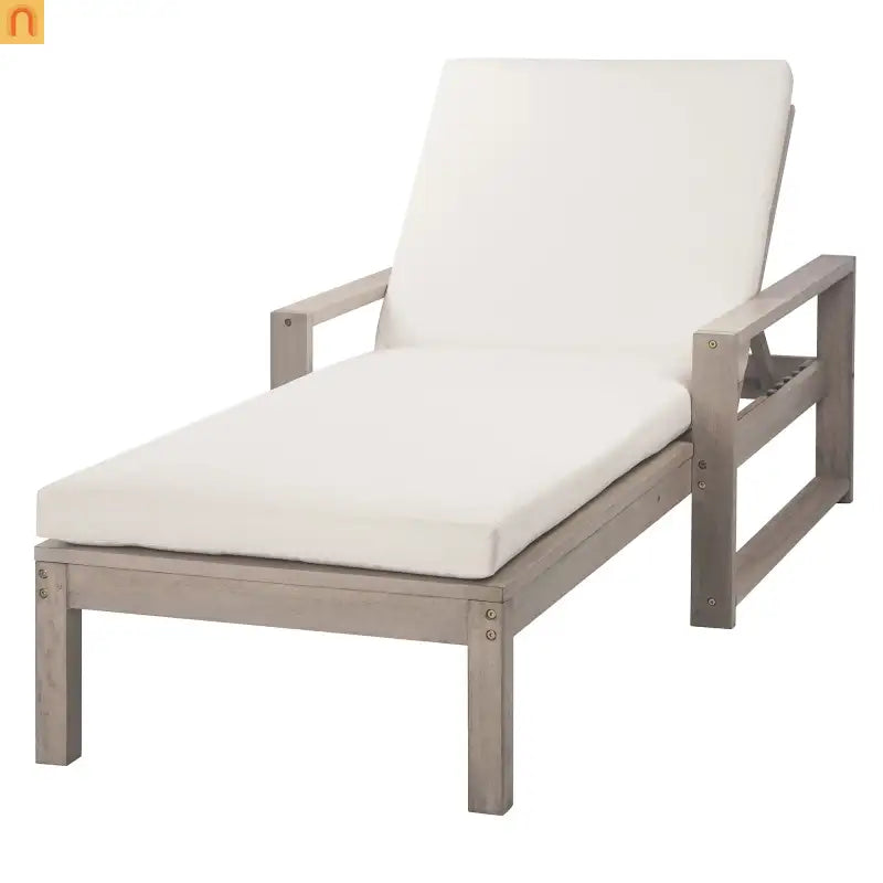 Chaise Lounge Acacia Wood Gray Beige Cushion 5 Position 400 LB