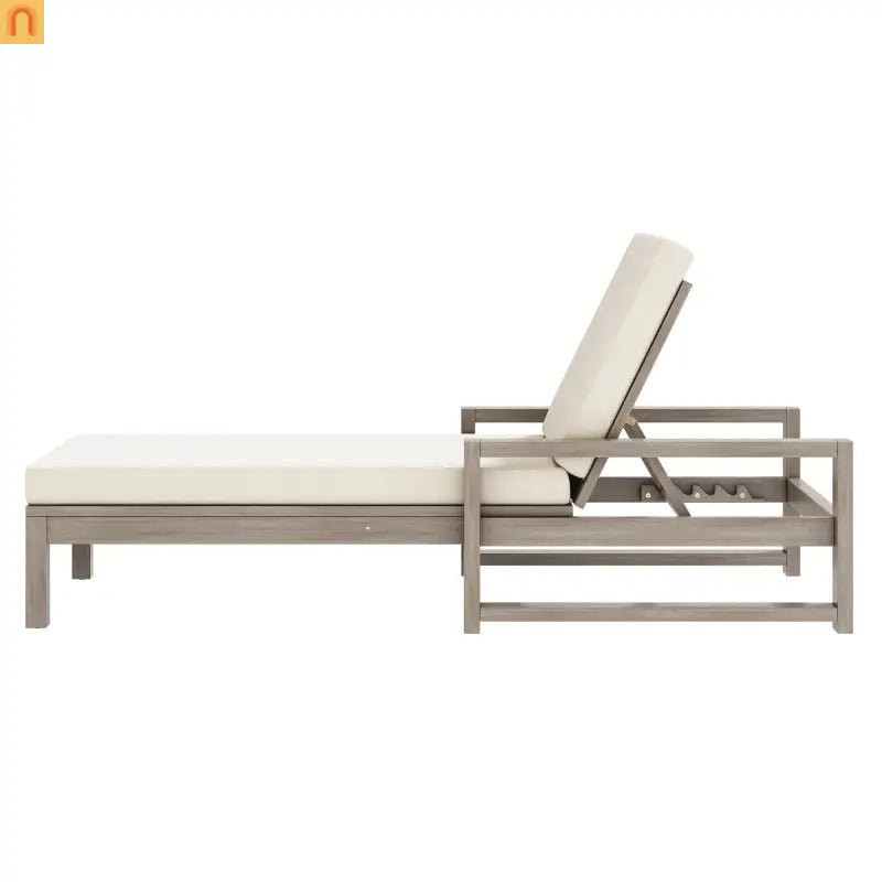 Chaise Lounge Acacia Wood Gray Beige Cushion 5 Position 400 LB