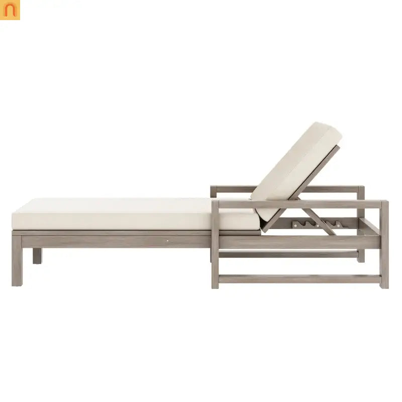 Chaise Lounge Acacia Wood Gray Beige Cushion 5 Position 400 LB