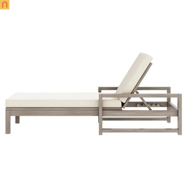 Chaise Lounge Acacia Wood Gray Beige Cushion 5 Position 400 LB