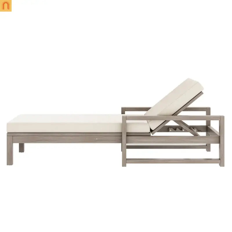 Chaise Lounge Acacia Wood Gray Beige Cushion 5 Position 400 LB