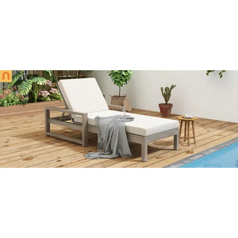 Chaise Lounge Acacia Wood Gray Beige Cushion 5 Position 400 LB