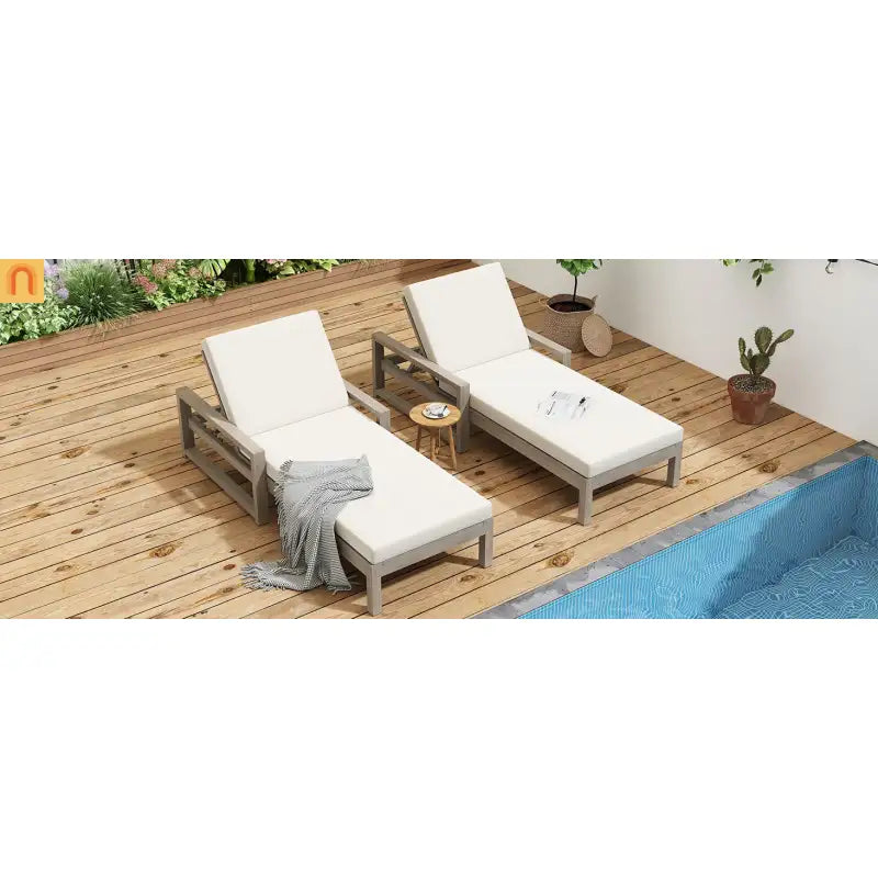 Chaise Lounge Acacia Wood Gray Beige Cushion 5 Position 400 LB