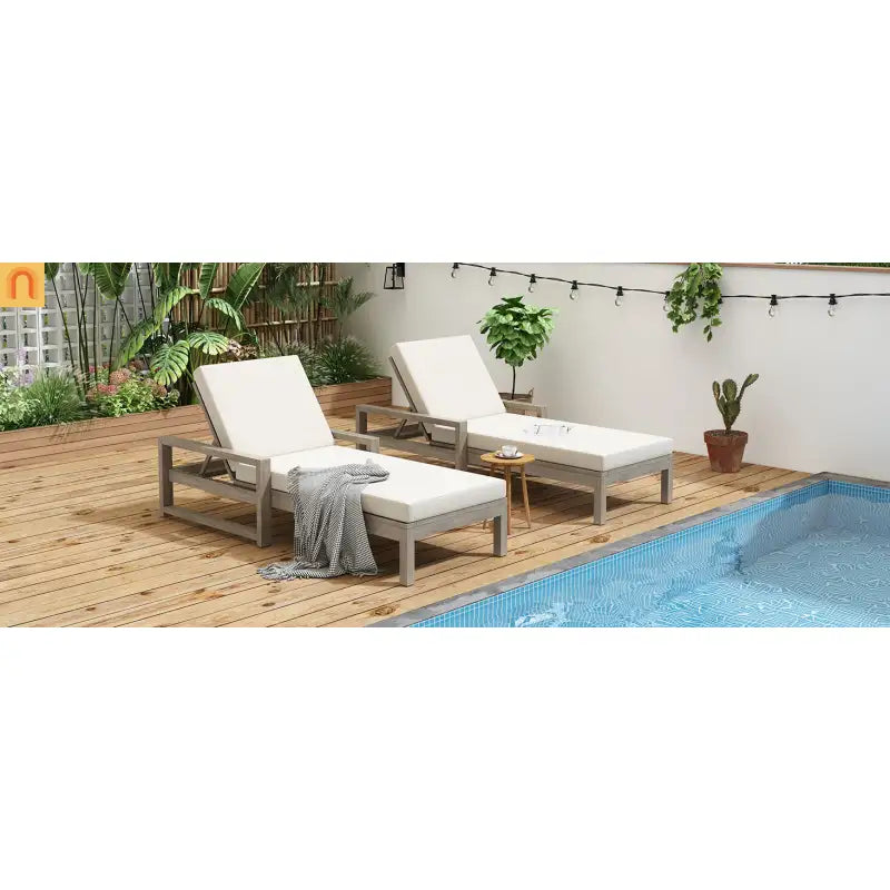 Chaise Lounge Acacia Wood Gray Beige Cushion 5 Position 400 LB