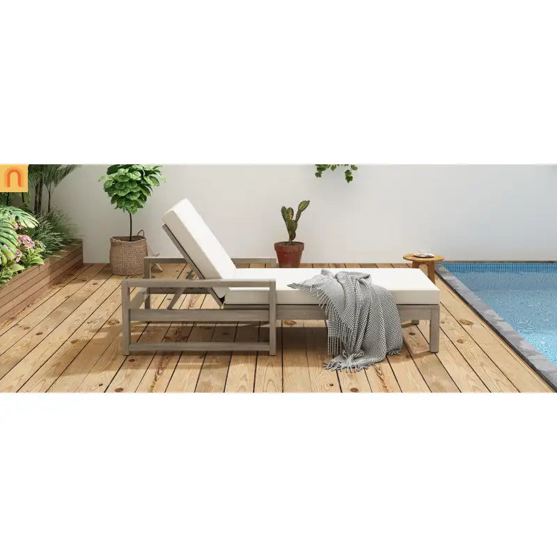 Chaise Lounge Acacia Wood Gray Beige Cushion 5 Position 400 LB