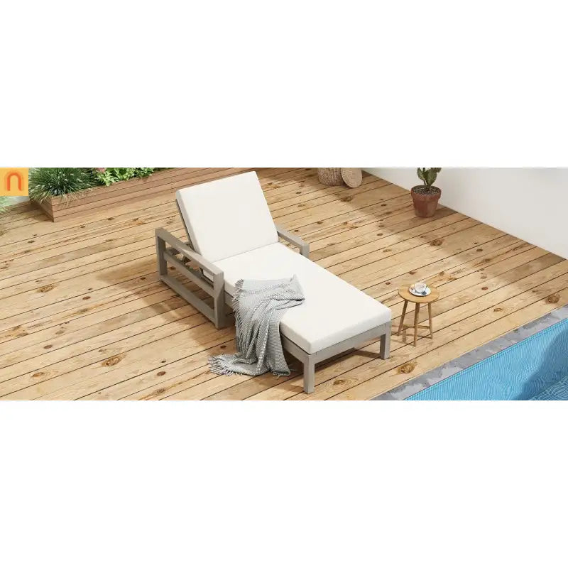 Chaise Lounge Acacia Wood Gray Beige Cushion 5 Position 400 LB