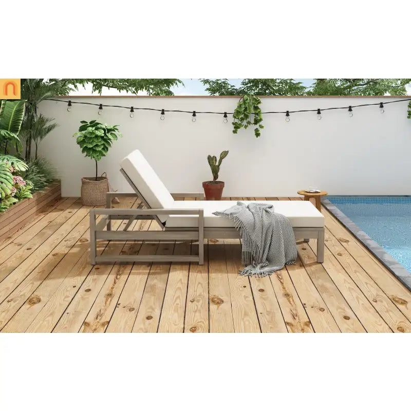 Chaise Lounge Acacia Wood Gray Beige Cushion 5 Position 400 LB