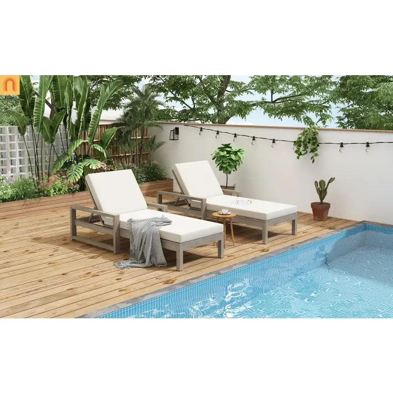 Chaise Lounge Acacia Wood Gray Beige Cushion 5 Position 400 LB