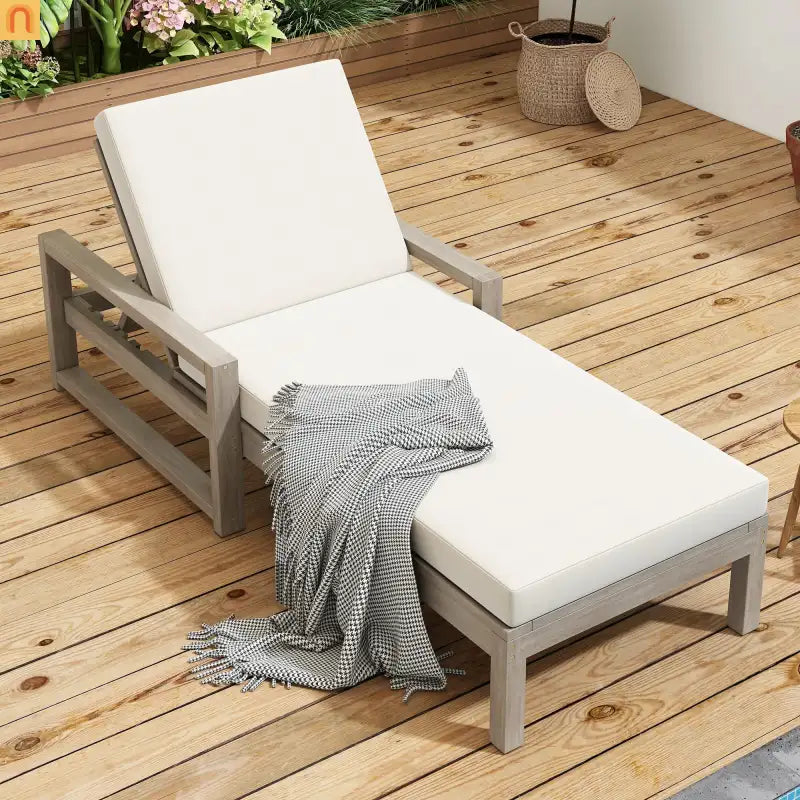 Chaise Lounge Acacia Wood Gray Beige Cushion 5 Position 400 LB