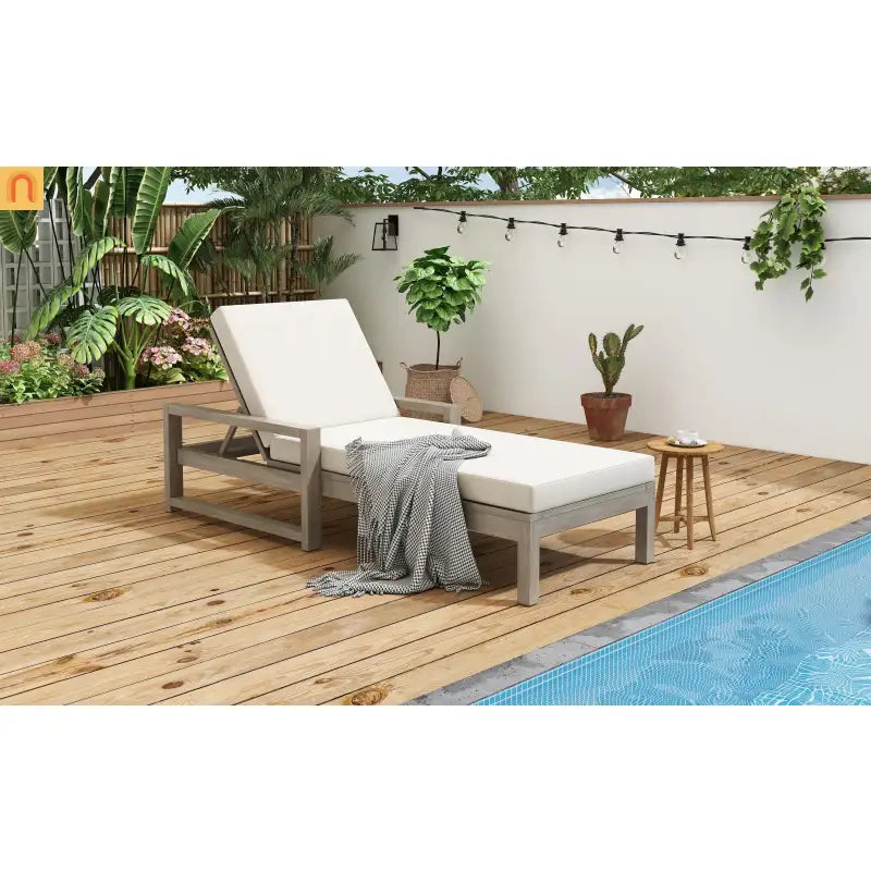 Chaise Lounge Acacia Wood Gray Beige Cushion 5 Position 400 LB