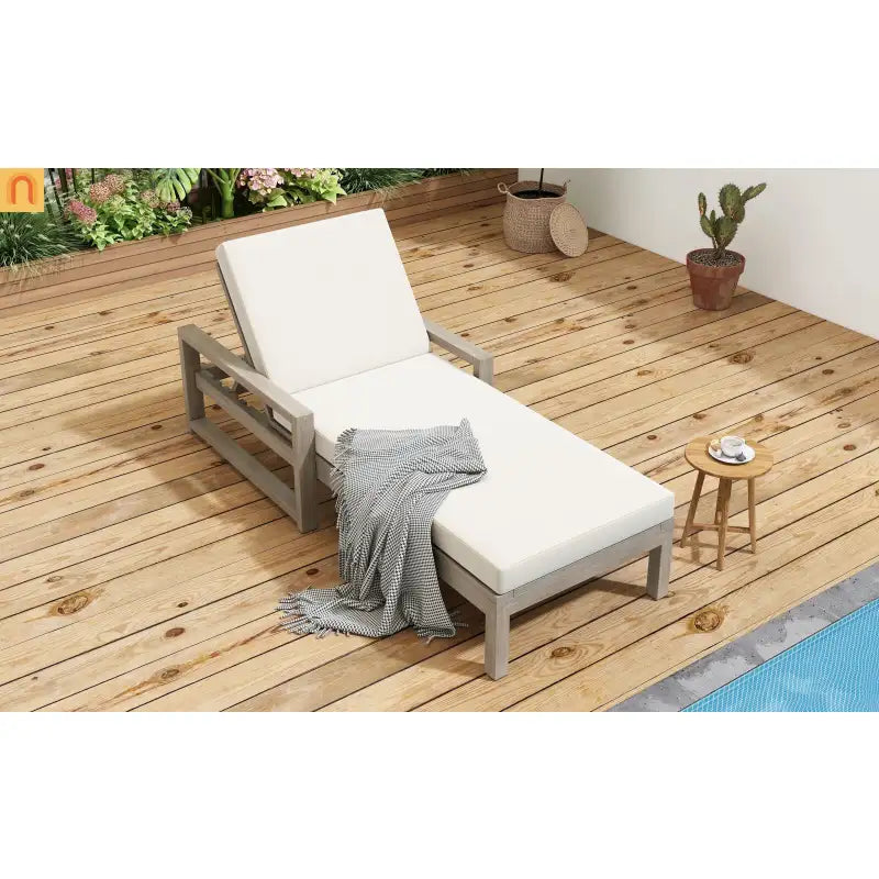 Chaise Lounge Acacia Wood Gray Beige Cushion 5 Position 400 LB