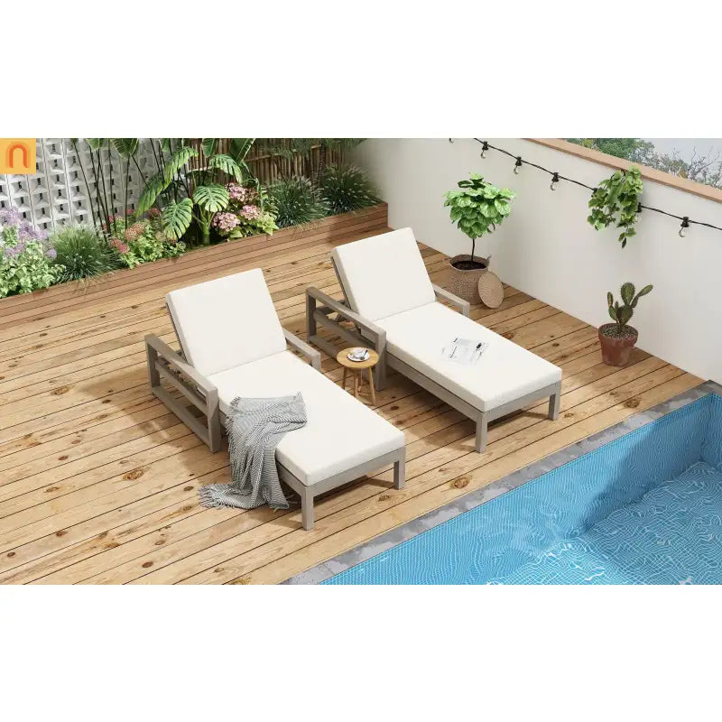 Chaise Lounge Acacia Wood Gray Beige Cushion 5 Position 400 LB