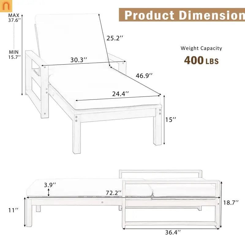 Chaise Lounge Acacia Wood Gray Beige Cushion 5 Position 400 LB