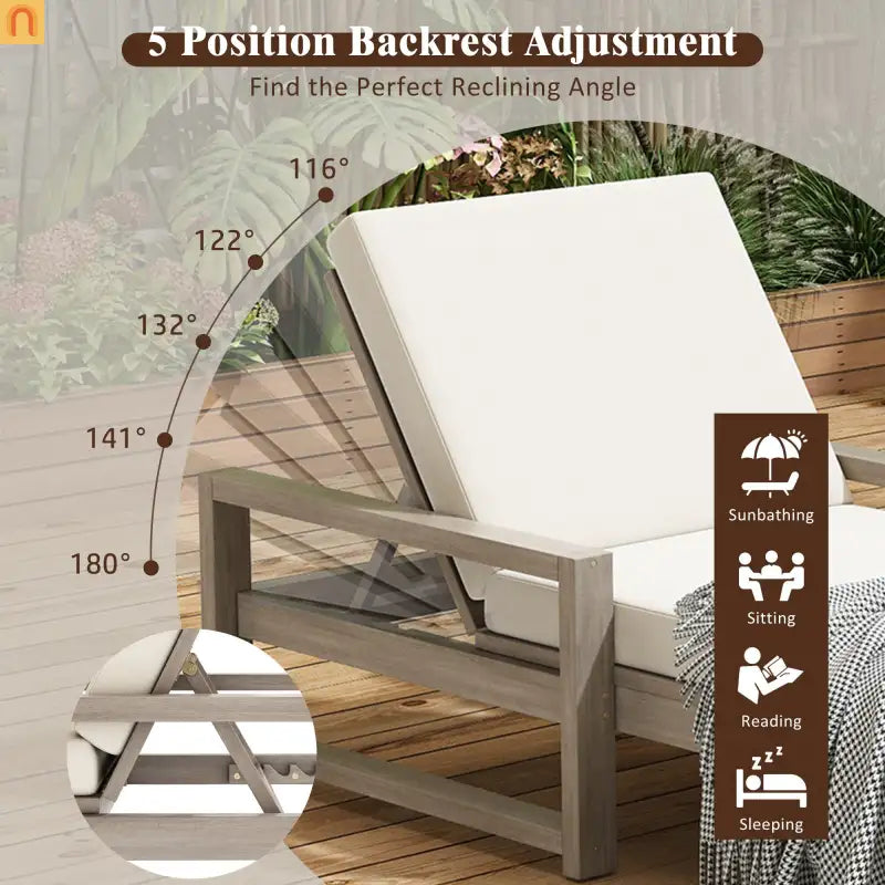 Chaise Lounge Acacia Wood Gray Beige Cushion 5 Position 400 LB