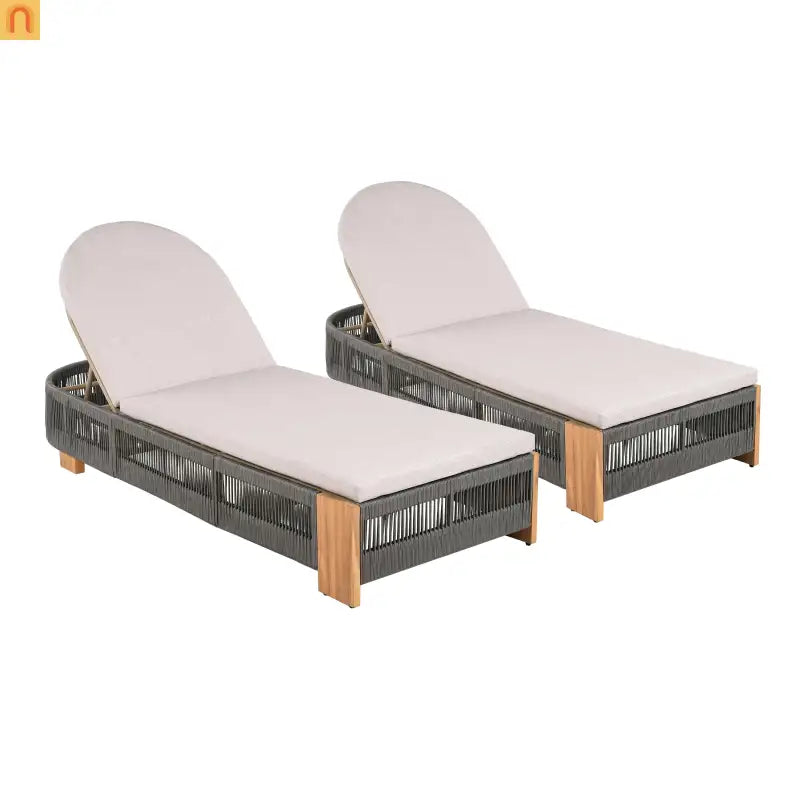 Chaise Lounge Acacia Wood Rope Teak Gray Adjustable Beige Cushion 79.5in
