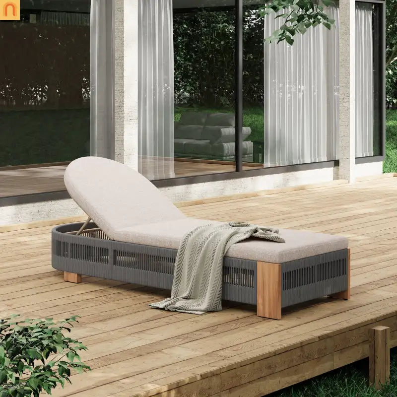 Chaise Lounge Acacia Wood Rope Teak Gray Adjustable Beige Cushion 79.5in