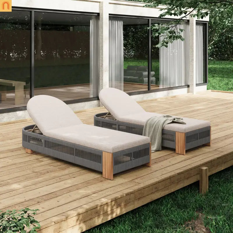 Chaise Lounge Acacia Wood Rope Teak Gray Adjustable Beige Cushion 79.5in