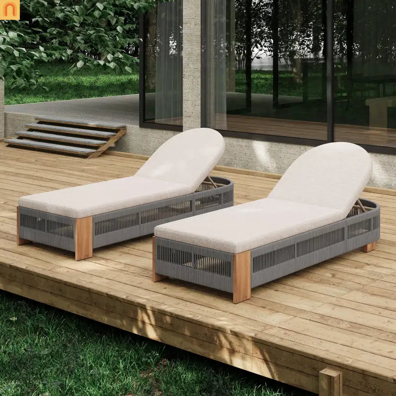 Chaise Lounge Acacia Wood Rope Teak Gray Adjustable Beige Cushion 79.5in