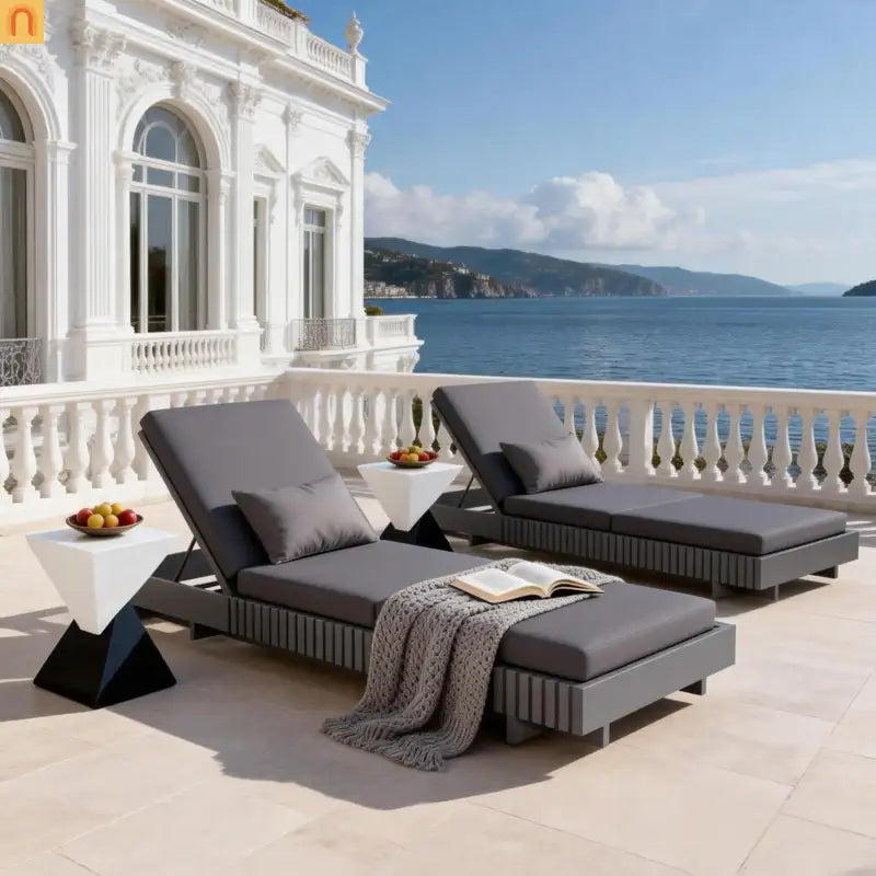 Chaise Lounge Acacia Wood Dark Gray Cushion 6 Position 400 LB 3-Fold