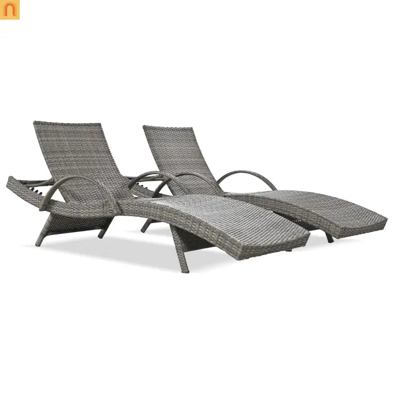 Chaise Lounge Wicker Steel Gray Wave Design Pull-Out Table 5 Position Set 2