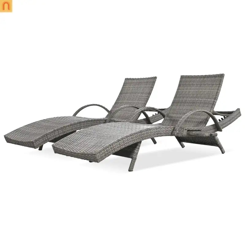 Chaise Lounge Wicker Steel Gray Wave Design Pull-Out Table 5 Position Set 2