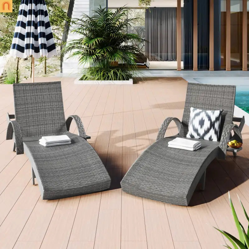 Chaise Lounge Wicker Steel Gray Wave Design Pull-Out Table 5 Position Set 2