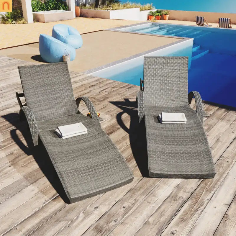 Chaise Lounge Wicker Steel Gray Wave Design Pull-Out Table 5 Position Set 2