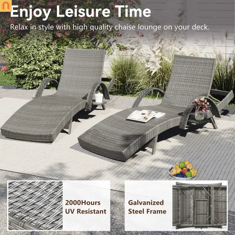 Chaise Lounge Wicker Steel Gray Wave Design Pull-Out Table 5 Position Set 2