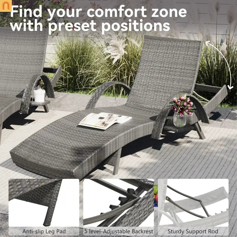Chaise Lounge Wicker Steel Gray Wave Design Pull-Out Table 5 Position Set 2