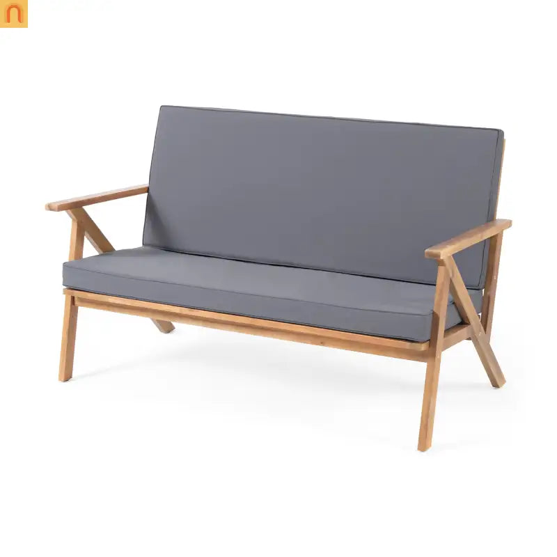 Outdoor Chat Set Acacia Wood Teak Gray Cushions 4-Piece