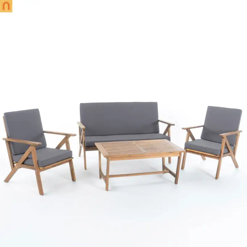 Outdoor Chat Set Acacia Wood Teak Gray Cushions 4-Piece