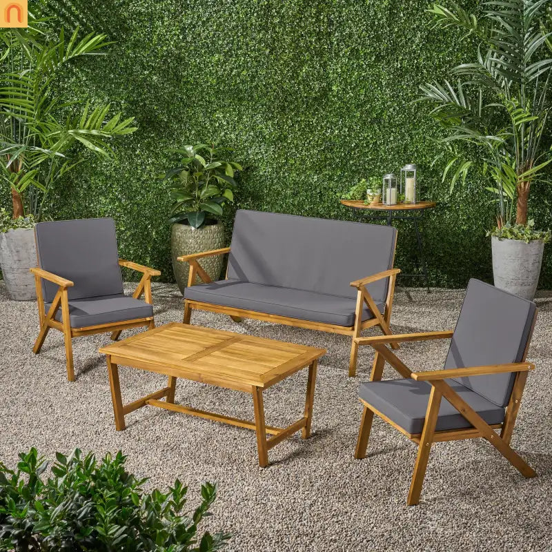 Outdoor Chat Set Acacia Wood Teak Gray Cushions 4-Piece